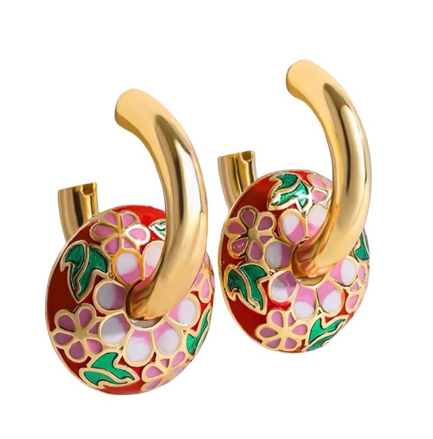 AROS DE ARGOLLA PEQUEÑA ESMALTADA PINTADA CON FLORES